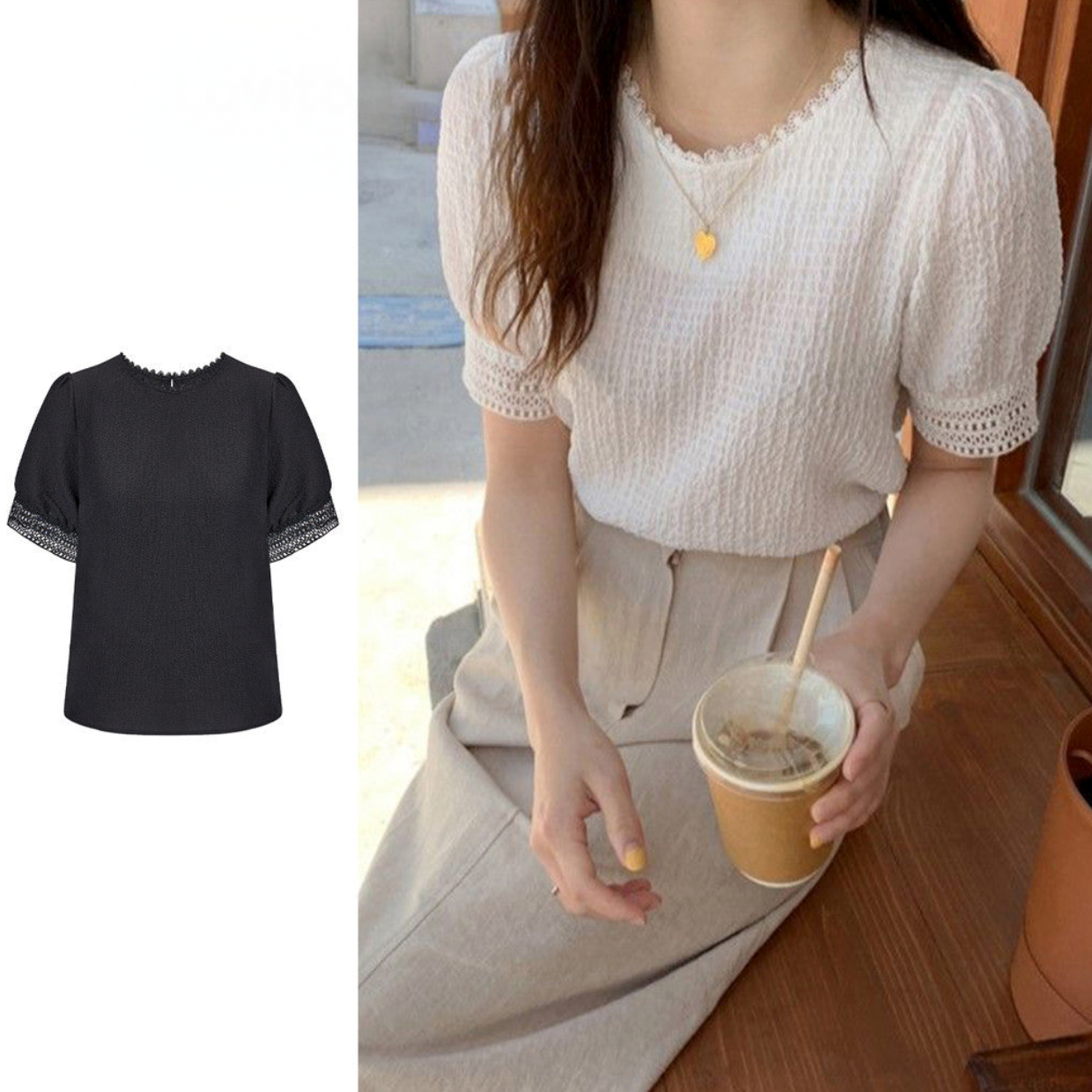 Blusa Informal Con Mangas Abullonadas Y Costuras De Tela