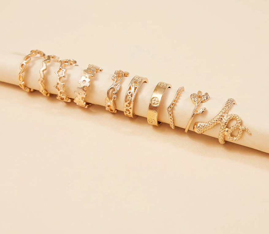 Set de 10 Anillos Dorados Serpiente y Mix & Match | Ajustables | Moda Mujer