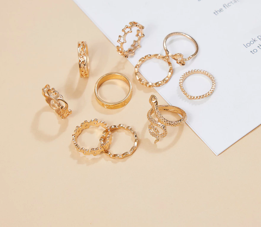 Set de 10 Anillos Dorados Serpiente y Mix & Match | Ajustables | Moda Mujer