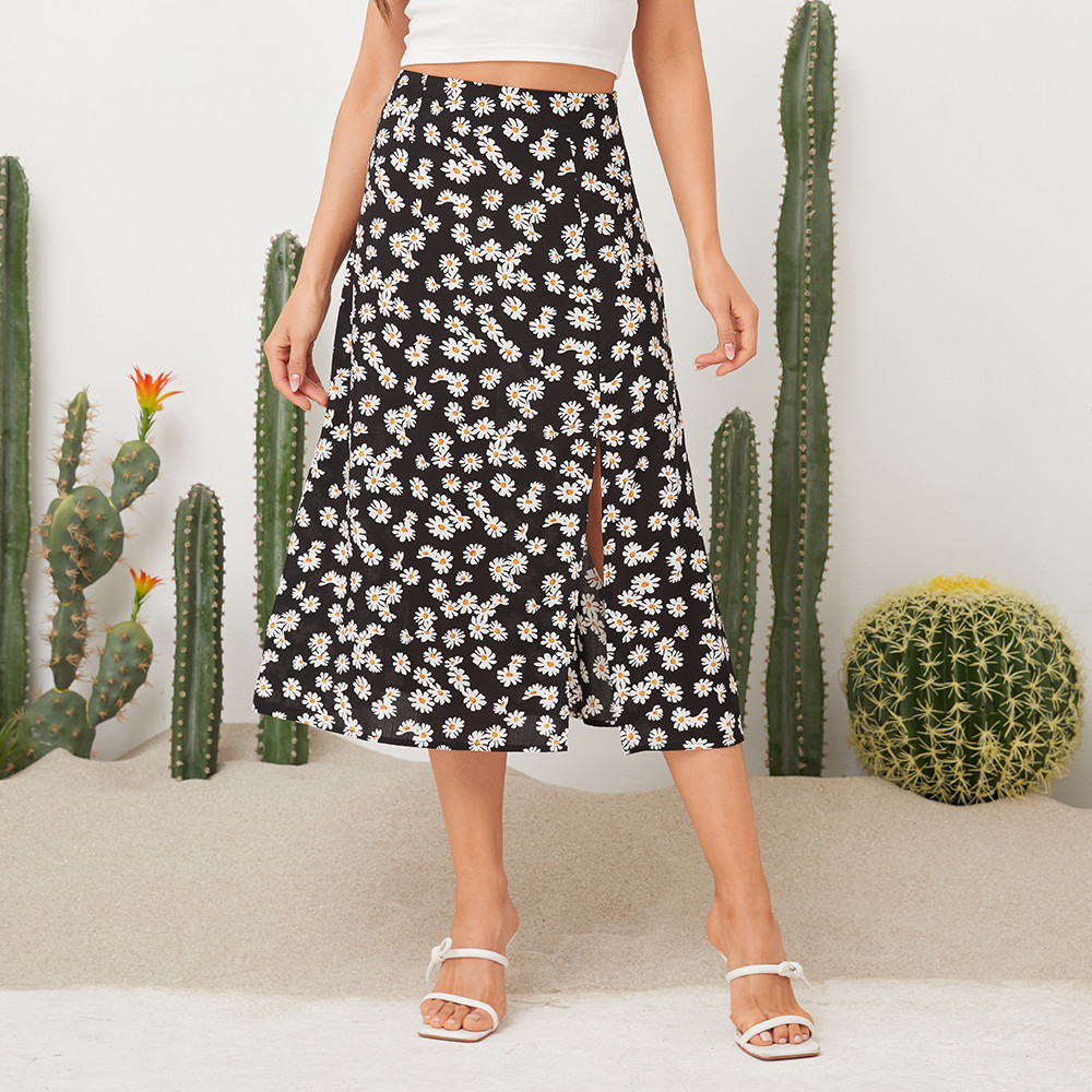 Falda midi floral con abertura lateral