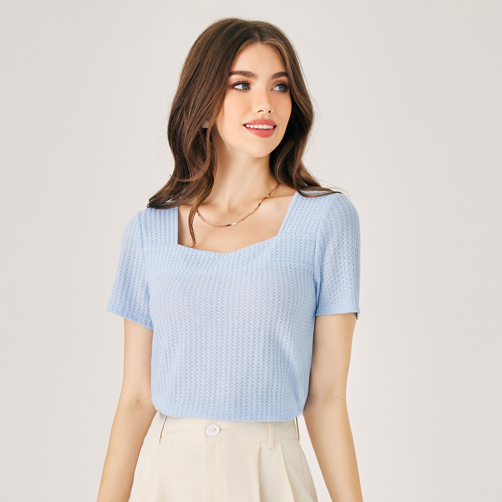 Camiseta Cuello Cuadrado Tejido Waffle Azul | Suave & Cómoda | Casual Mujer
