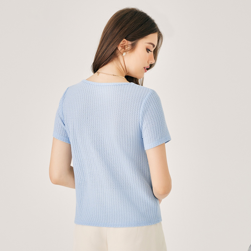 Camiseta Cuello Cuadrado Tejido Waffle Azul | Suave & Cómoda | Casual Mujer