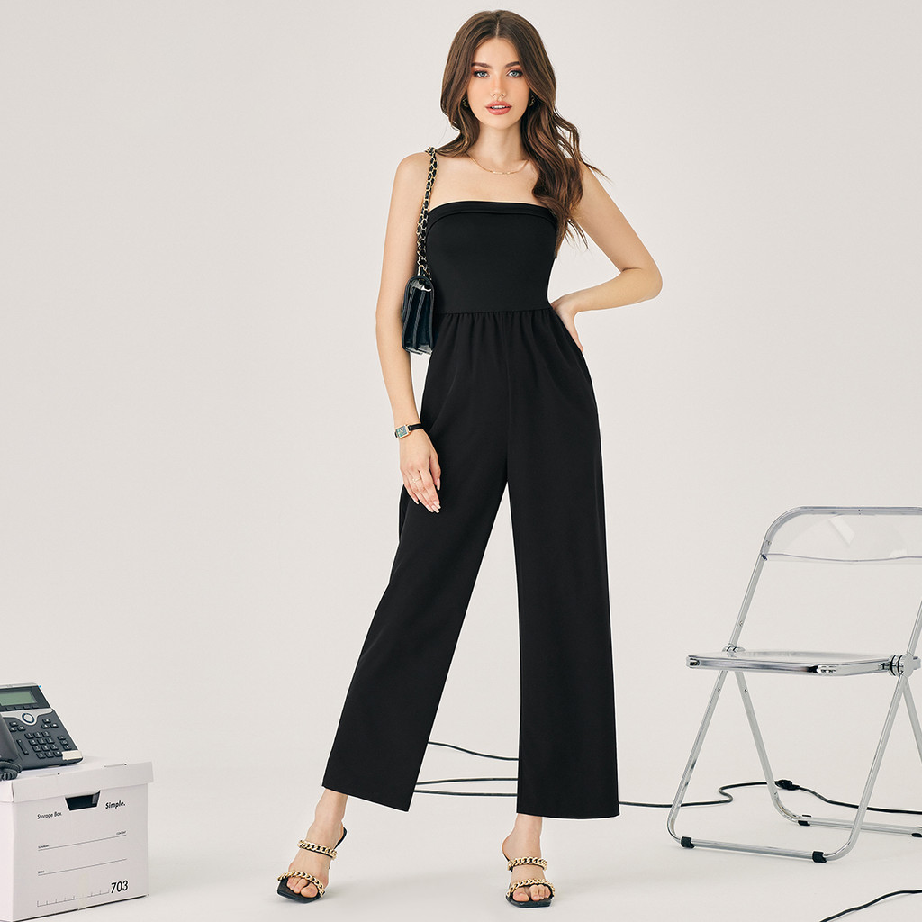 Mono Strapless Casual Pierna Ancha Negro Mujer | Cintura Alta Verano