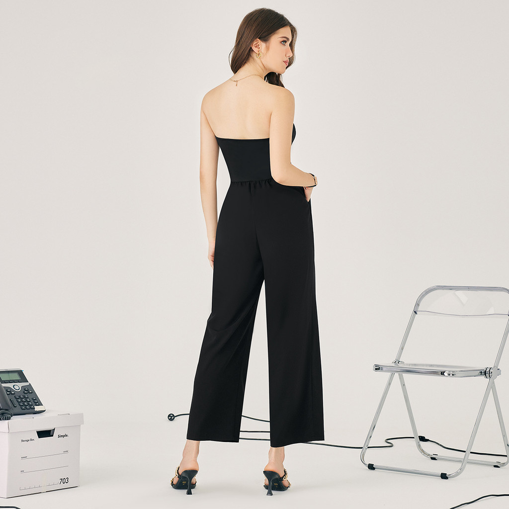 Mono Strapless Casual Pierna Ancha Negro Mujer | Cintura Alta Verano