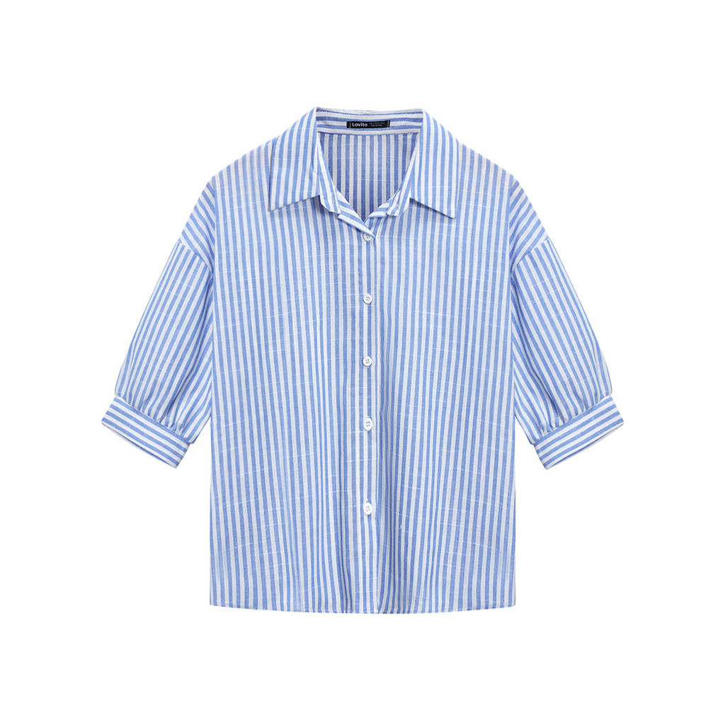 Blusa Casual Rayas Azul y Blanca | Cuello Clásico | Botones Frontales | Algodón & Poliéster