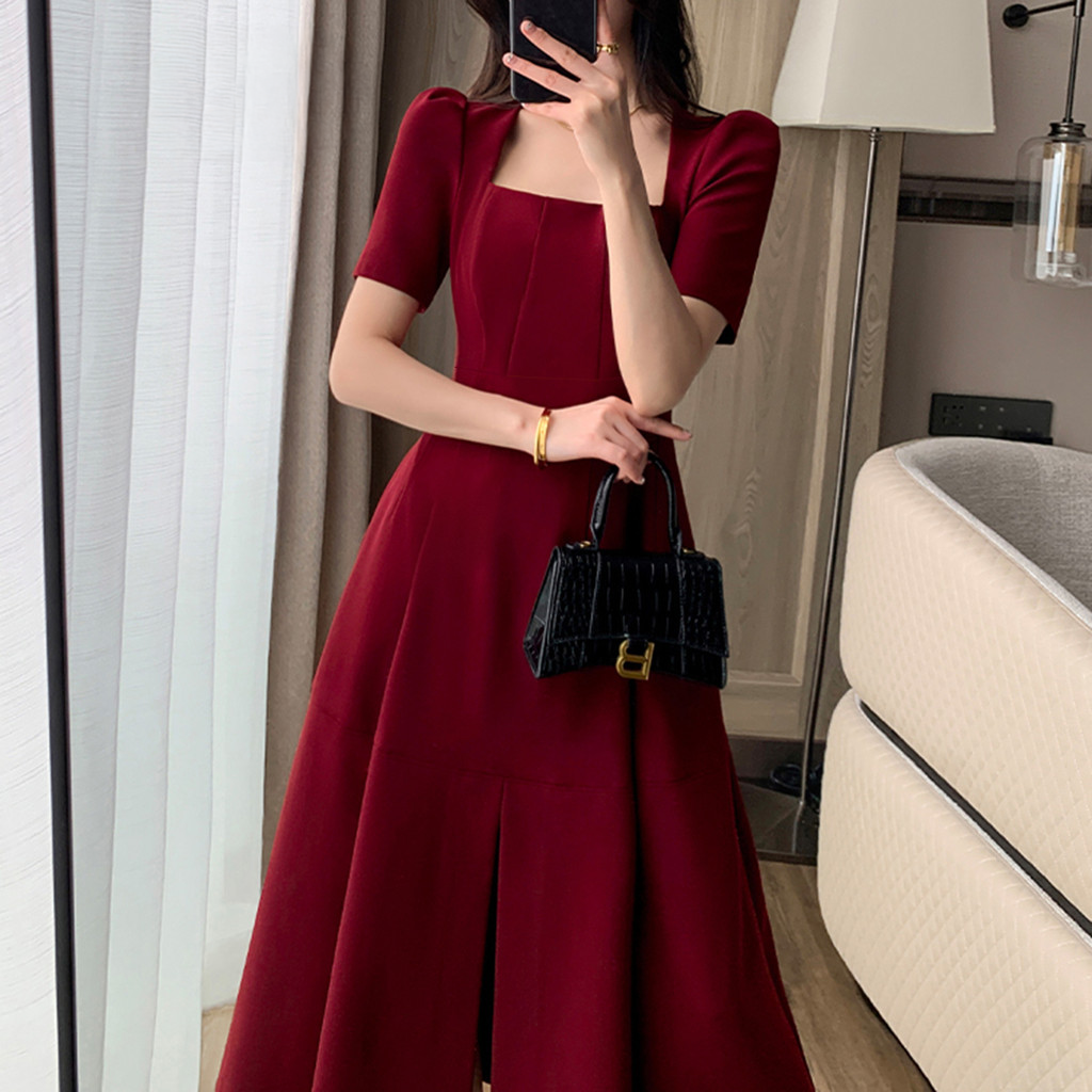 Vestido Elegante con Abertura Frontal y Corte Línea A | Mujer | Color Burdeos