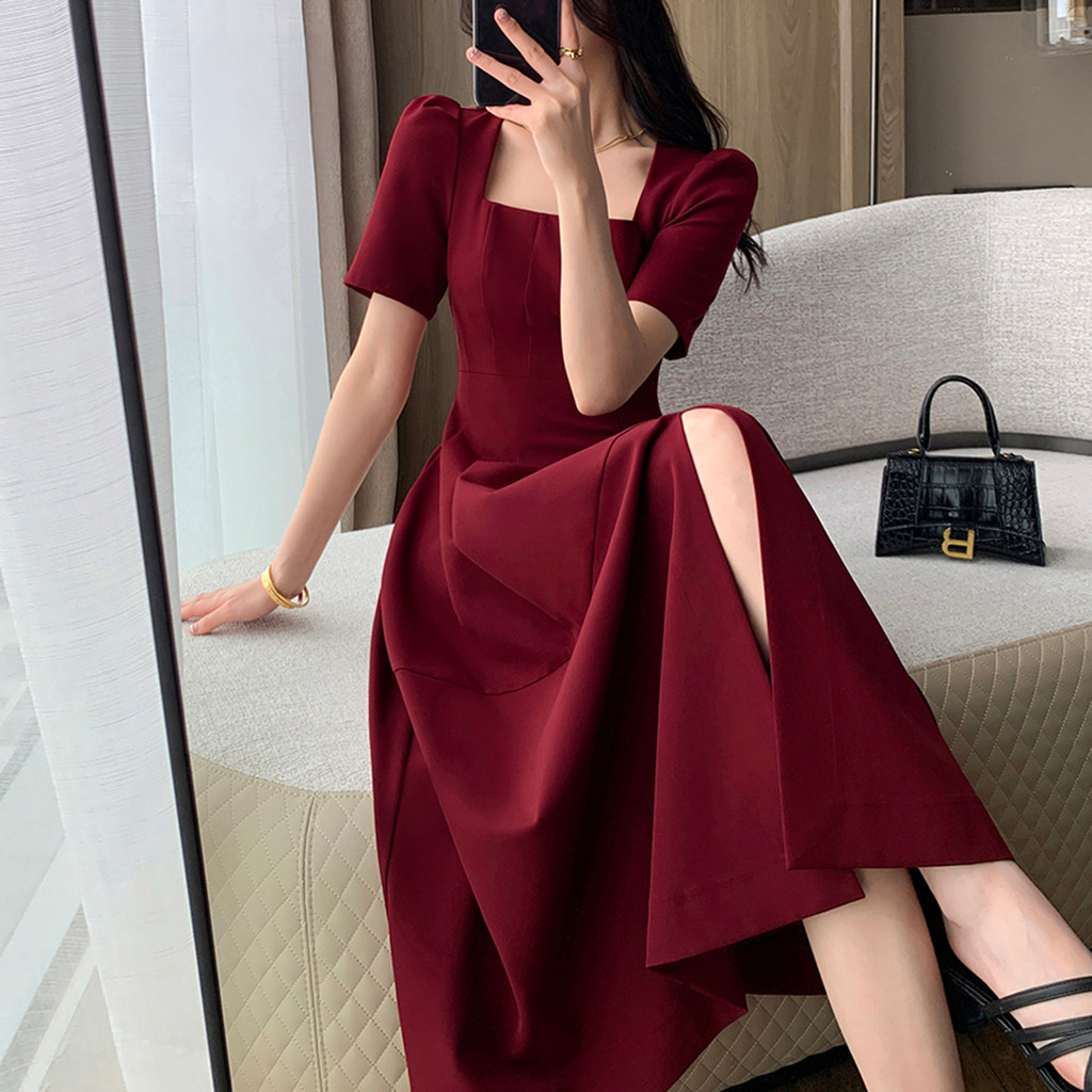Vestido Elegante con Abertura Frontal y Corte Línea A | Mujer | Color Burdeos