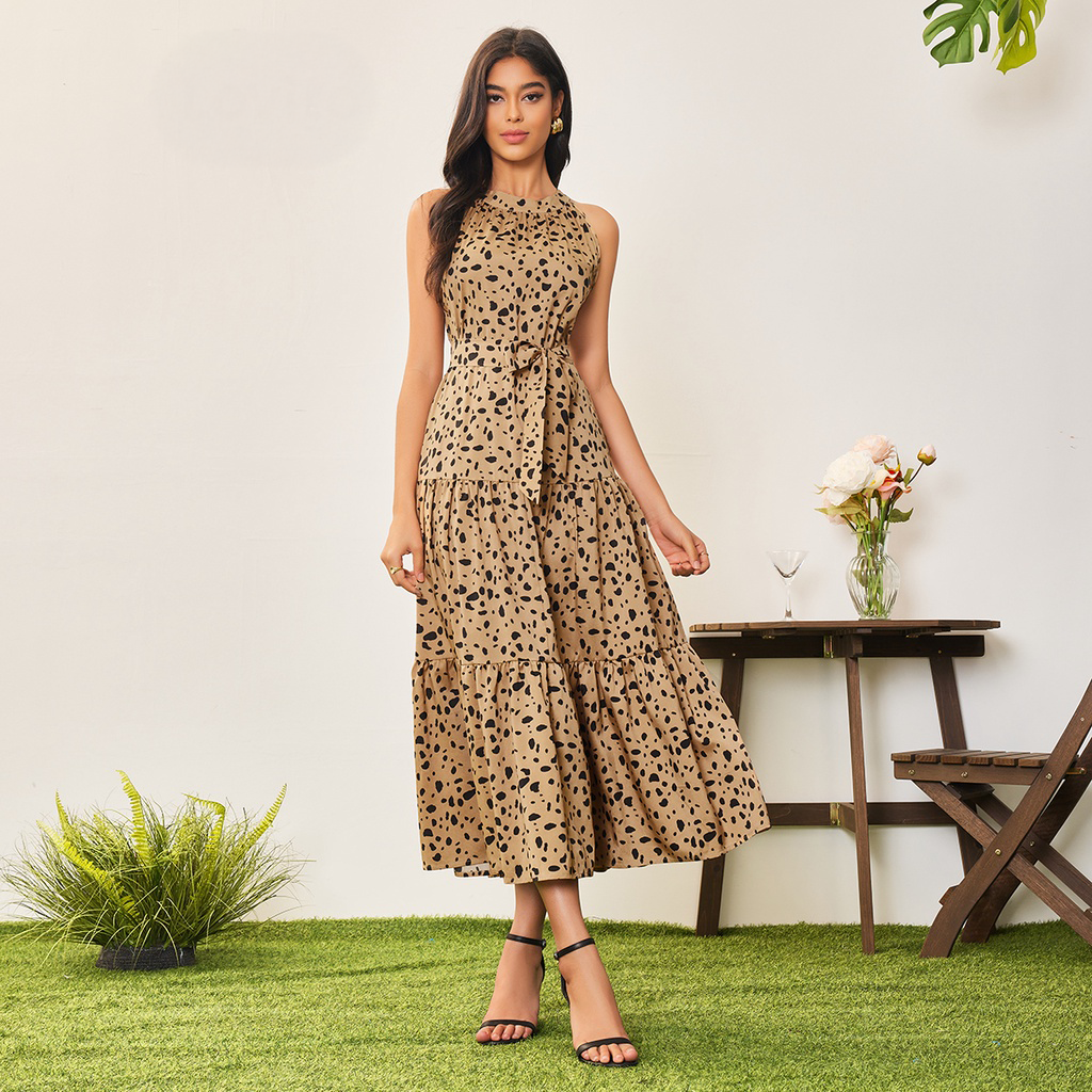 Vestido Largo Leopardo Mujer | Corte A-Line | Lovito Casual – Cinturón Ajustable