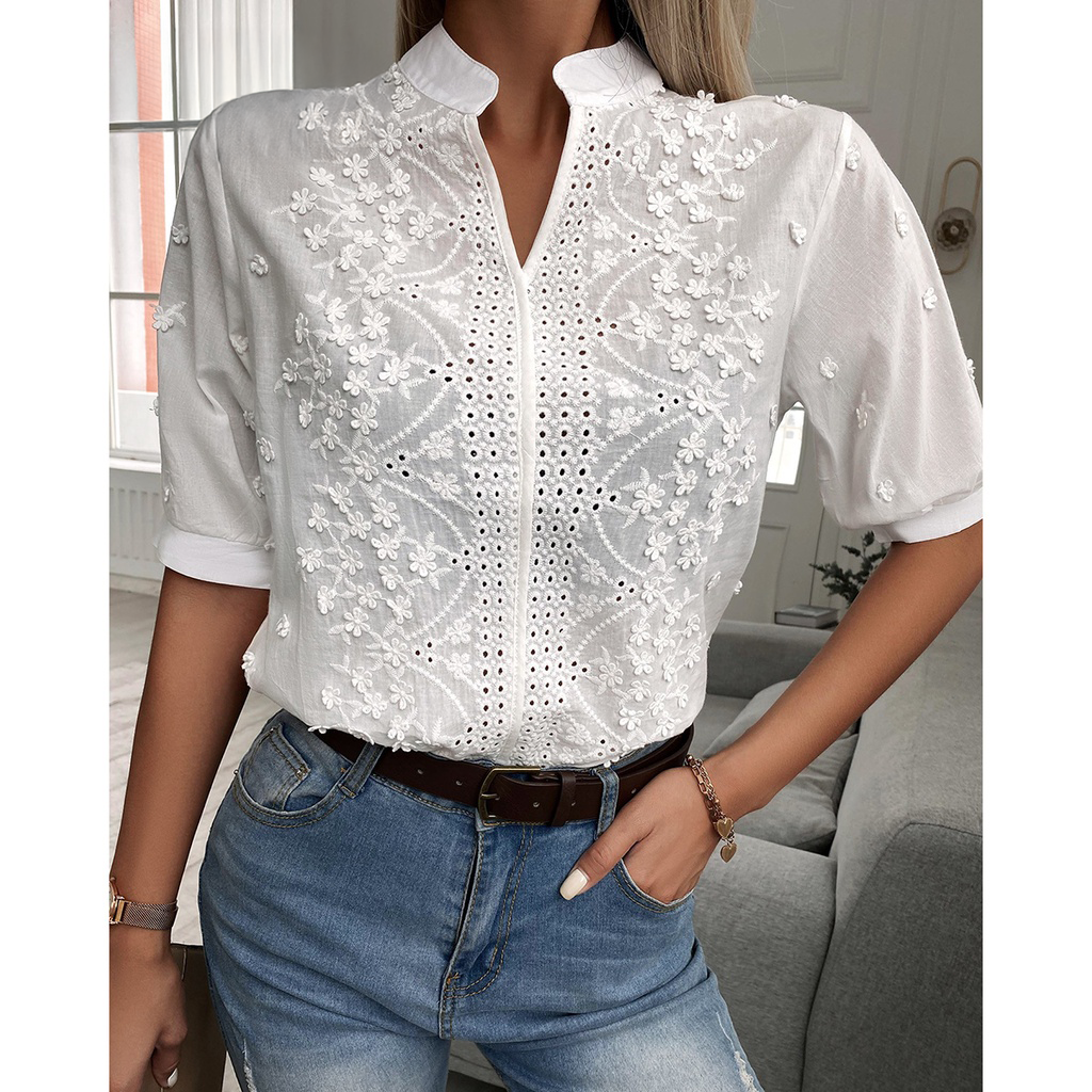 Blusa Casual de Encaje | Corte en A | Suave y Cómoda | Manga Corta Blanca