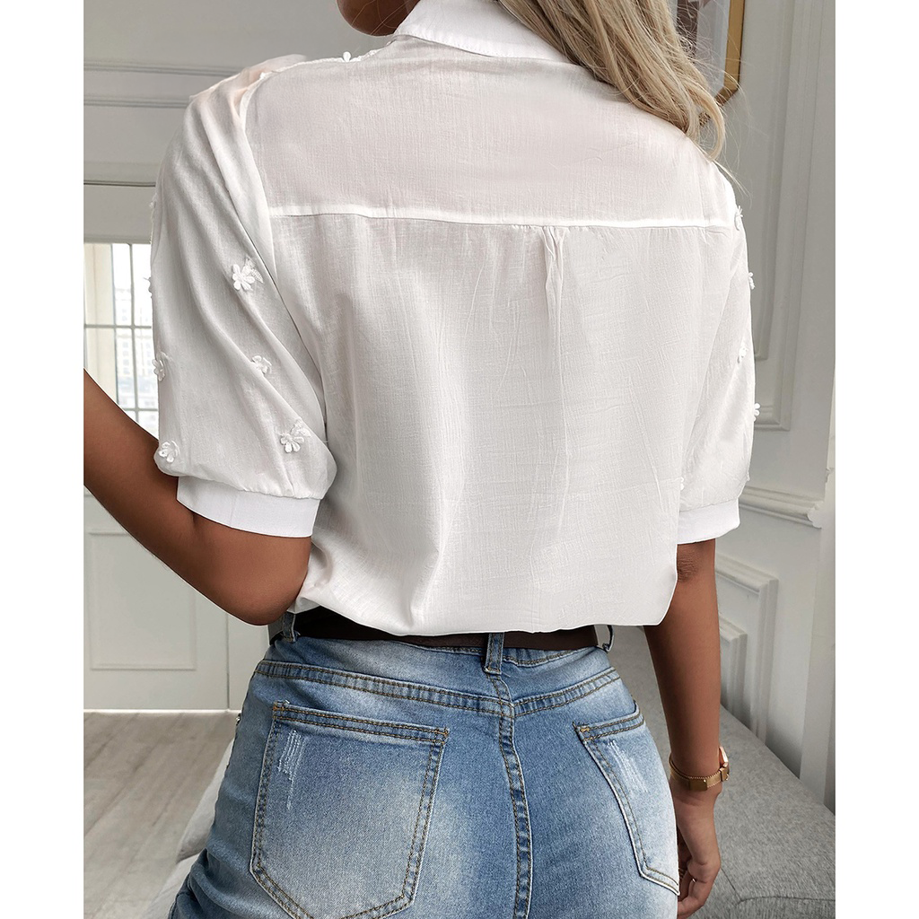 Blusa Casual de Encaje | Corte en A | Suave y Cómoda | Manga Corta Blanca
