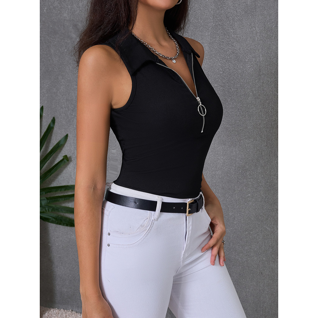 Top Sin Mangas Mujer Lovito | Cremallera Casual | Negro Moderno