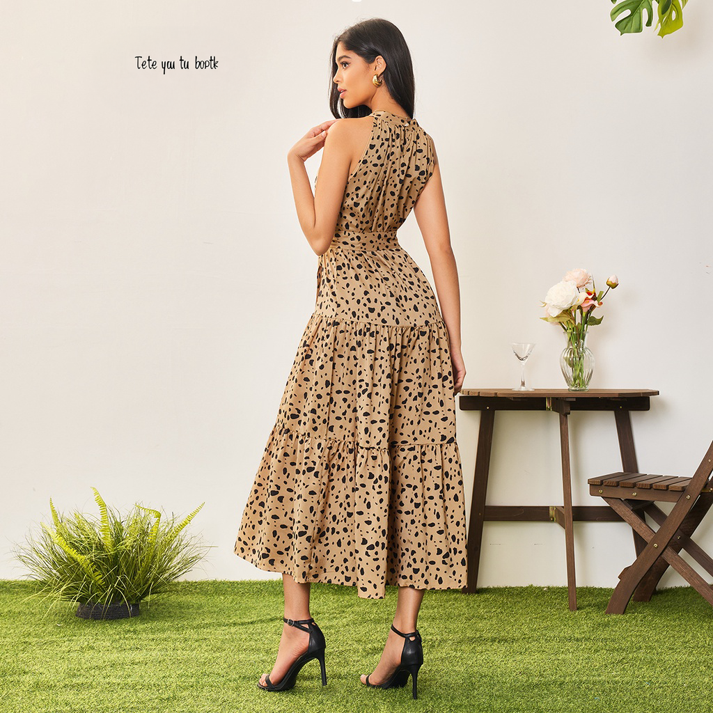 Vestido Largo Leopardo Mujer | Corte A-Line | Lovito Casual – Cinturón Ajustable