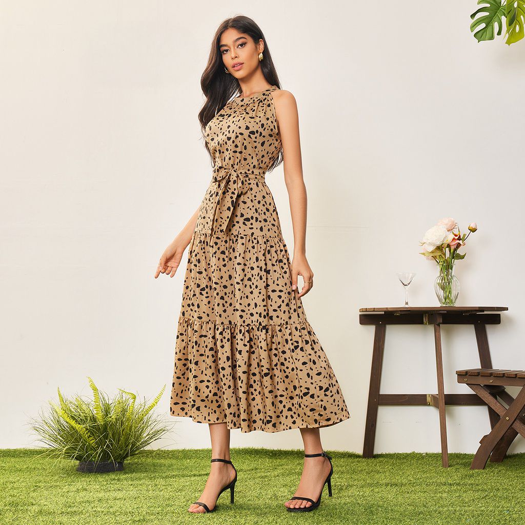 Vestido Largo Leopardo Mujer | Corte A-Line | Lovito Casual – Cinturón Ajustable