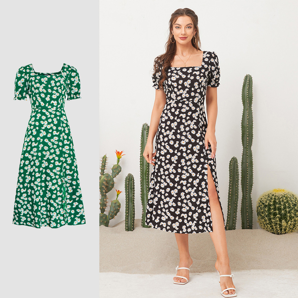 Vestido Largo Casual Floral con Cuello Cuadrado y Estampado Vintage | CZONE