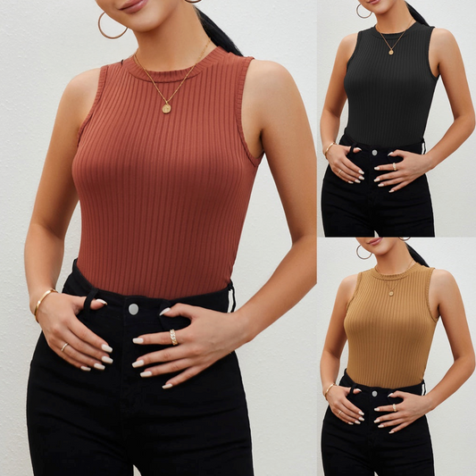 Top sin mangas acanalado con cuello alto