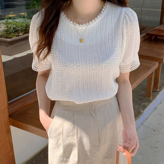 Blusa Informal Con Mangas Abullonadas Y Costuras De Tela