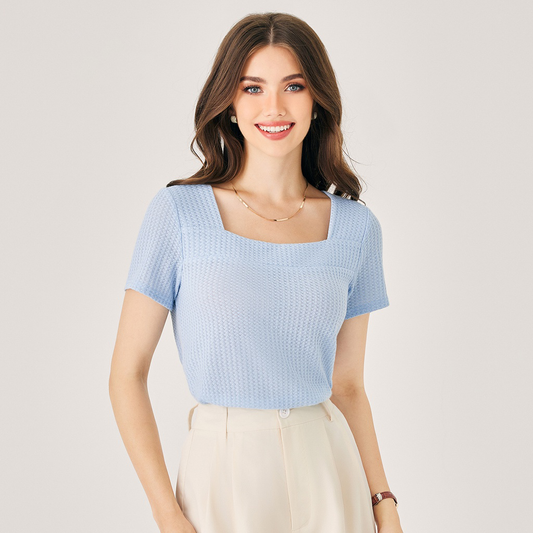 Camiseta Cuello Cuadrado Tejido Waffle Azul | Suave & Cómoda | Casual Mujer