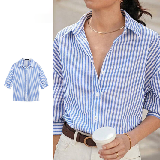 Blusa Casual Rayas Azul y Blanca | Cuello Clásico | Botones Frontales | Algodón & Poliéster