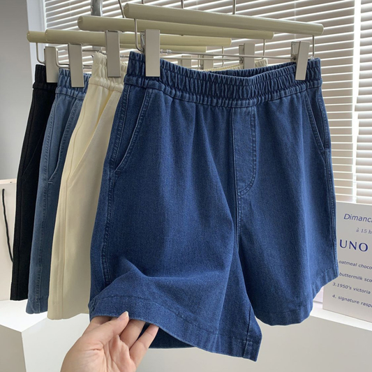 Shorts de Mezclilla Mujer Lovito | Estilo Casual con Cordón Ajustable | Azul Marino & Blanco