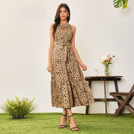 Vestido Largo Leopardo Mujer | Corte A-Line | Lovito Casual – Cinturón Ajustable