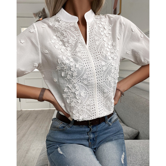 Blusa Casual de Encaje | Corte en A | Suave y Cómoda | Manga Corta Blanca