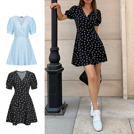 Vestido Mini Casual Estampado Floral Ditsy Mujer | Manga Corta Escote V